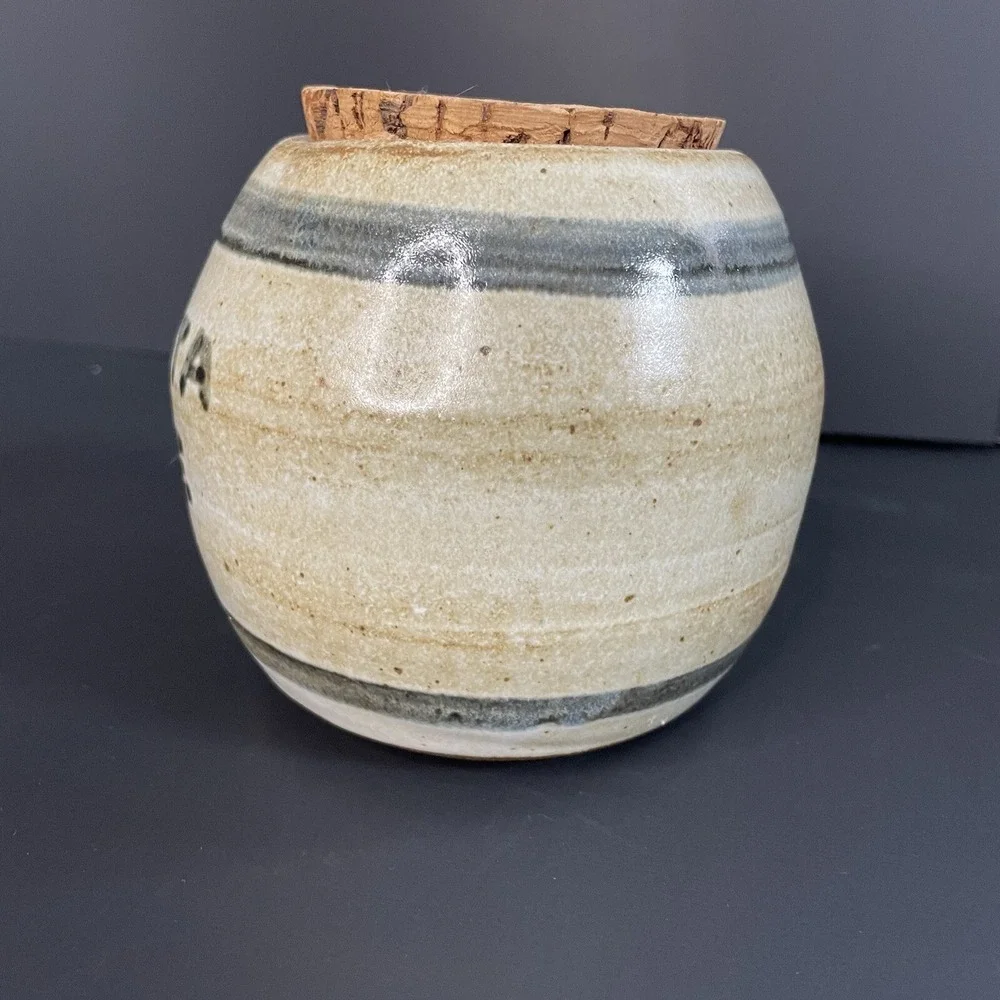 Vtg Minnesota Wild Rice Round Cork Lid Crock Canister Stoneware Storage Jar Glaz
